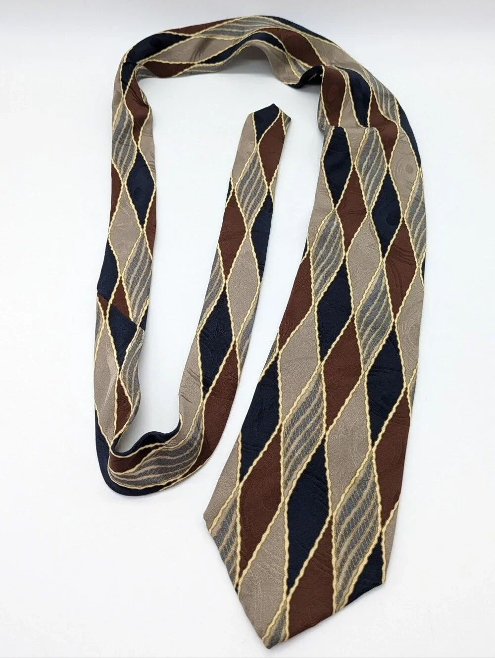 Vintage Geoffrey Beene Brown Tan Diamond Checkered Silk Geometric Tie